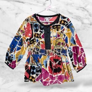 Peter Nygard Babydoll Silk Womens Top Sz 8 Art Deco Abstract V-neck 3/4 Sleeve